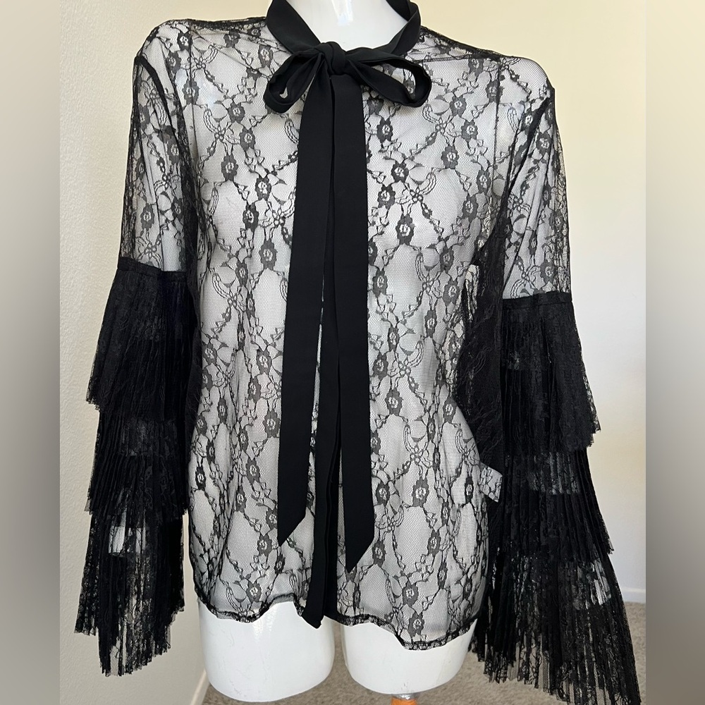 Brigitte Bardot Sheer Lace Blouse with Long Bell Sleeves- NEW! CUTE!